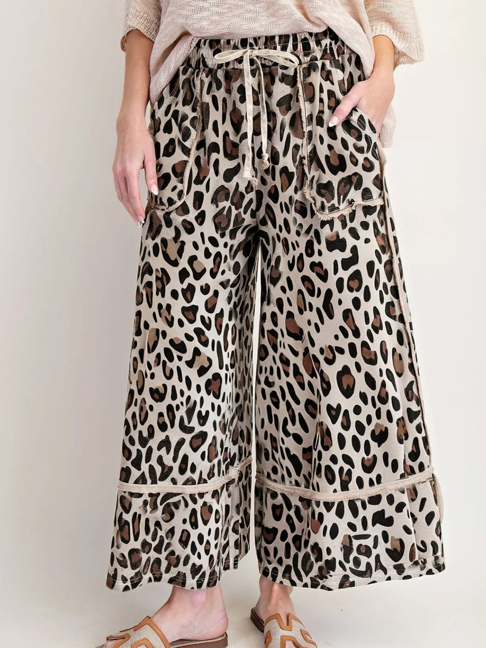 Leopard Print Wide Leg Drawstring Pants - Beige